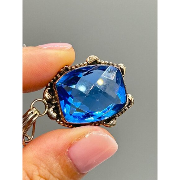 Sterling Silver Pendant with Blue Faceted Glass Stone Art Deco Style - Picture 2 of 6